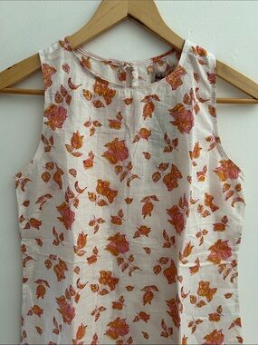 Hand Block Print Sleeveless Cotton White Top with Pink and Orange Floral Motif